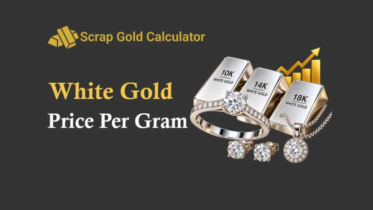 White Gold Price Per Gram: Rates, Purity, and Jewelry Value Guide 4 White gold price per gram with 10K, 14K, and 18K white gold bars, diamond ring, earrings, and necklace.