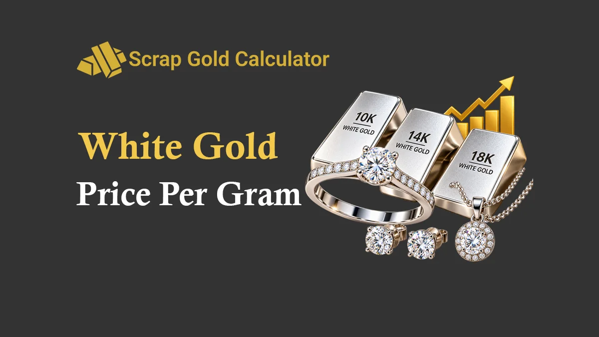 White gold price per gram with 10K, 14K, and 18K white gold bars, diamond ring, earrings, and necklace.